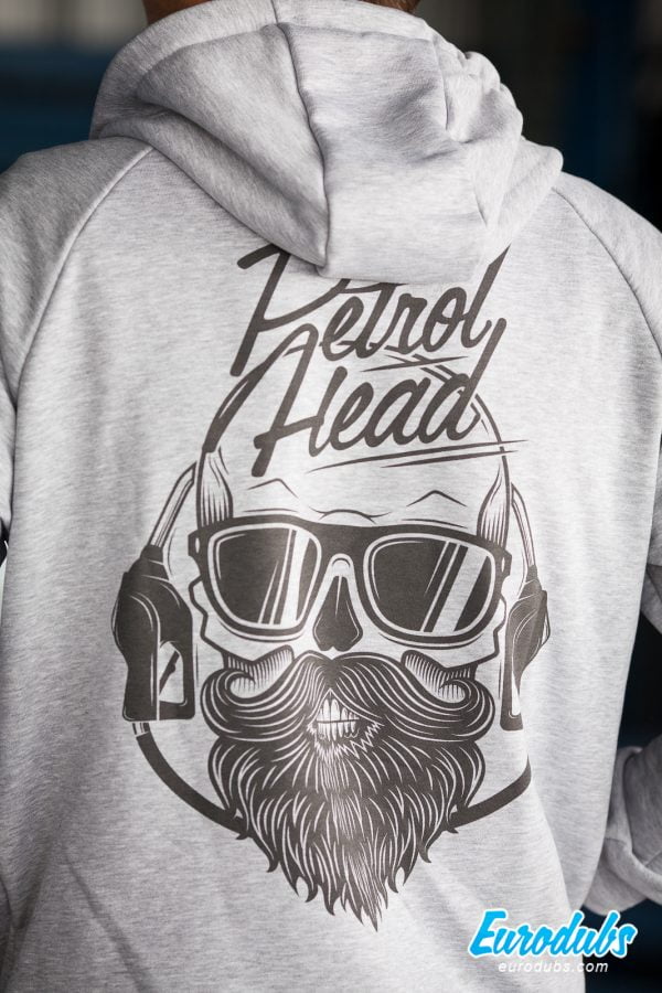 Petrolhead large print on back of a hoodie